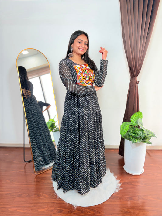 Elegant Black Bandhani Anarkali Dress with Kutchi Embroidery Long Ethnic Gown for Festive Wear