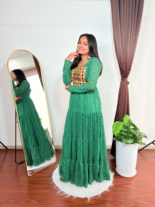 Green Bandhani Long Dress with Colorful Kutchi Embroidery Yoke Ethnic Full Sleeve Anarkali Gown