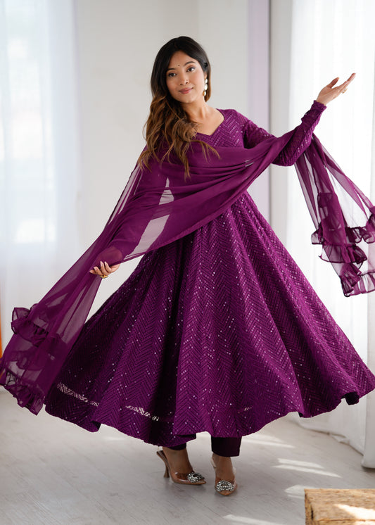 Plum Purple Sequin Georgette Anarkali Suit with Dupatta
