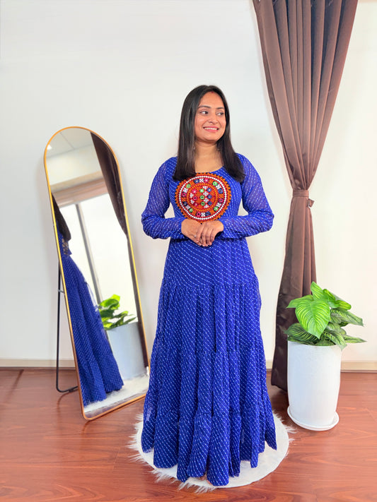 Royal Blue Bandhani Long Dress with Circular Kutchi Embroidery Full Sleeve Ethnic Anarkali Gown
