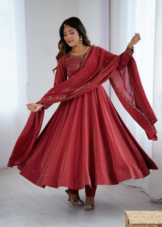 Rust Red Embroidered Silk Anarkali Suit with Dupatta