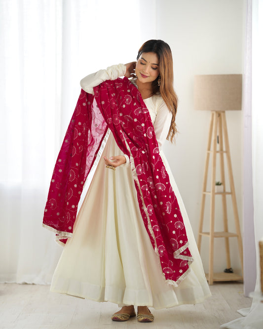 White Anarkali Suit with Dark Rani Embroidered Dupatta