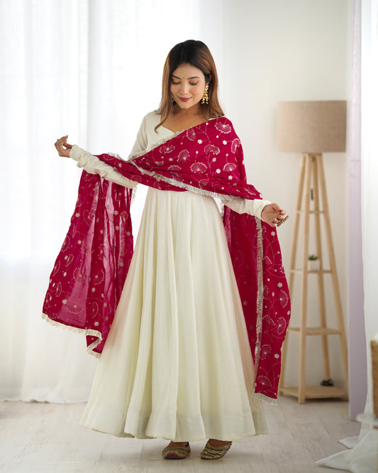 White Anarkali Suit with Dark Rani Embroidered Dupatta