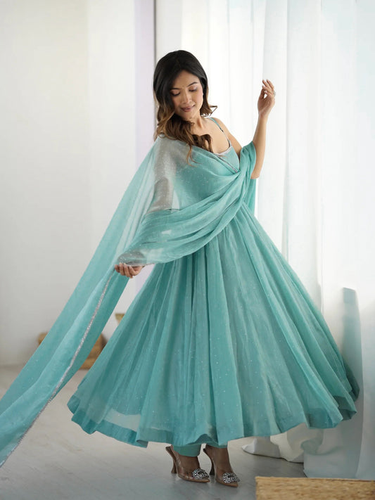 Sea Green Georgette Anarkali Suit with Dupatta Elegant Sleeveless Flared Long Dress for Women