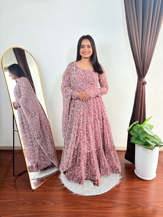 Designer Anarkali Kurti for Women Maroon Paisley Print Long Ethnic Gown with Full Sleeves Party & Festive Wear