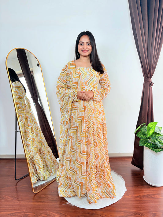 Yellow & White Printed Long Kurti for Women Stylish Ethnic Wear with Zigzag Pattern & Flared Design