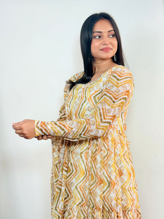 Yellow & White Printed Long Kurti for Women Stylish Ethnic Wear with Zigzag Pattern & Flared Design