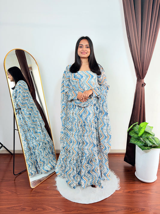 Blue & White Printed Long Kurti for Women Elegant Ethnic Wear with Zigzag Pattern & Flared Style