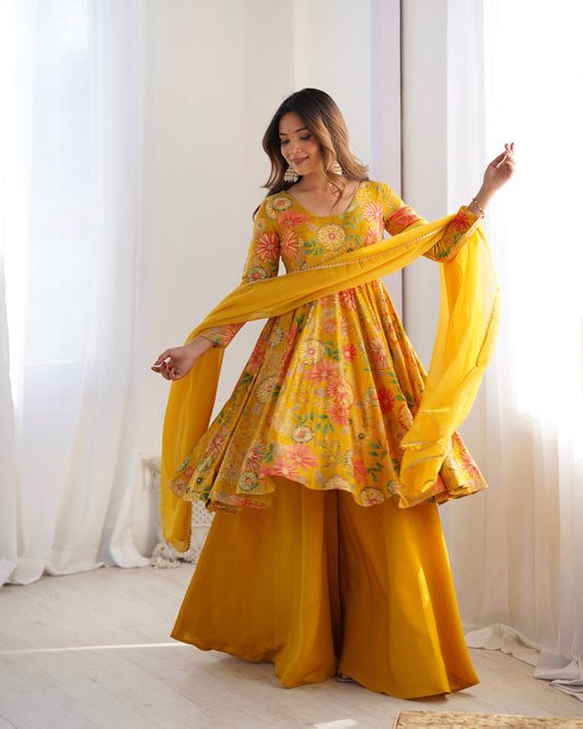 Yellow Pure Soft Romansilk Chanderi Printed Plazzo Suit Set