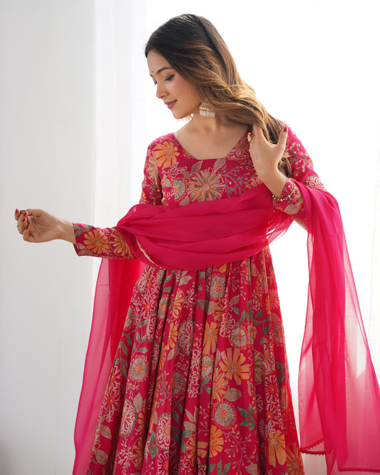 Rani Pink Pure Soft Romansilk Chanderi Printed Plazzo Suit Set