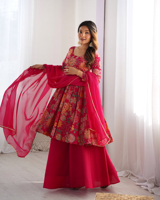 Rani Pink Pure Soft Romansilk Chanderi Printed Plazzo Suit Set