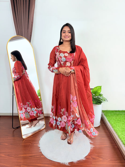 Women’s Rust Floral Printed Anarkali Suit Set with Dupatta  Elegant Ethnic Wear for Parties Weddings & Festivals
