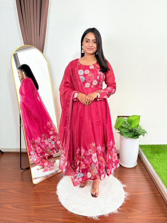 Women’s Pink Floral Printed Anarkali Suit Set with Dupatta  Elegant Ethnic Wear for Parties Weddings & Festivals