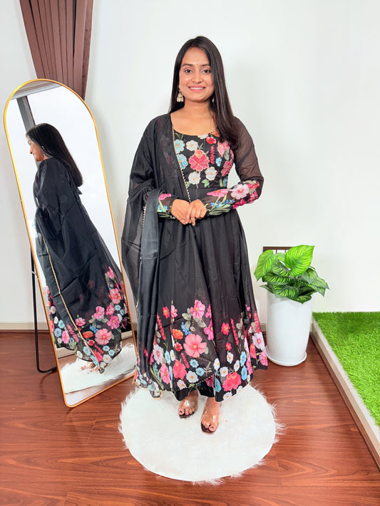 Women’s Black Floral Printed Anarkali Suit Set with Dupatta  Elegant Ethnic Wear for Parties Weddings & Festivals