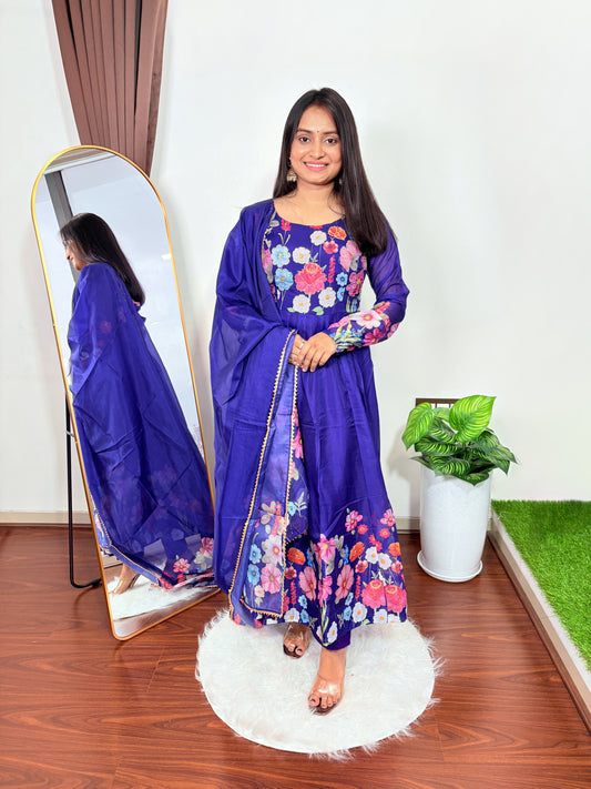 Women’s Royal Purple Floral Printed Anarkali Suit Set with Dupatta  Elegant Ethnic Wear for Parties Weddings & Festivals