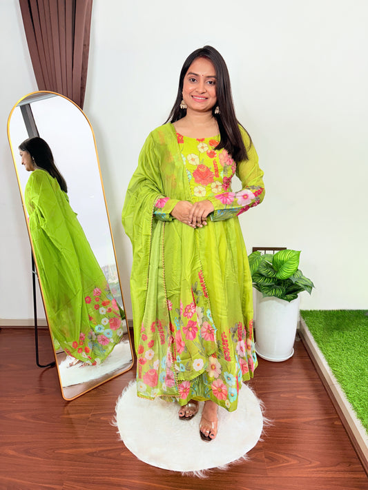 Women’s Green Floral Printed Anarkali Suit Set with Dupatta  Elegant Ethnic Wear for Parties Weddings & Festivals