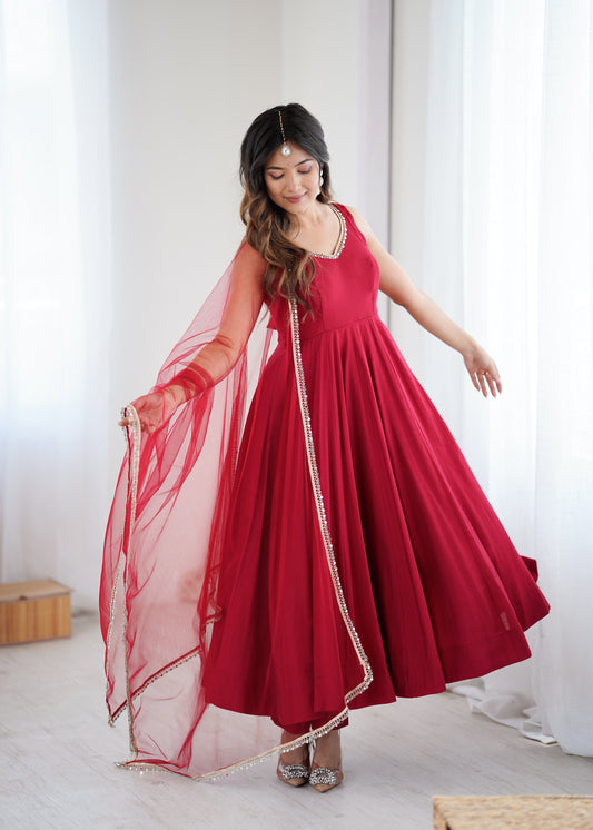 Designer Red Anarkali Kurta Set with Gold Lace Border Dupatta