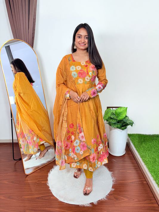 Women’s Mustard Floral Printed Anarkali Suit Set with Dupatta Elegant Ethnic Wear for Parties Weddings & Festivals