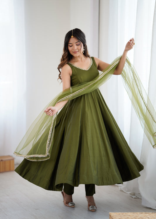Designer Green Anarkali Kurta Set with Gold Lace Border Dupatta