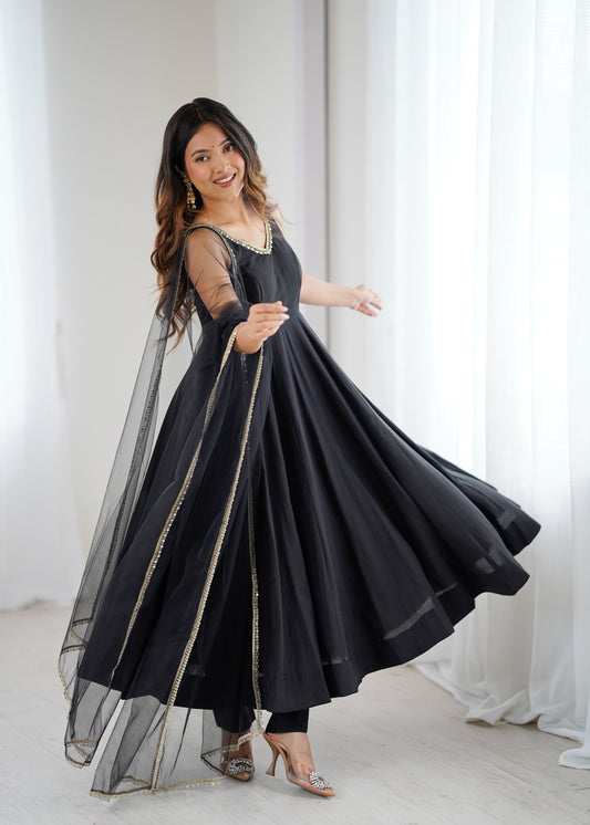 Designer Black Anarkali Kurta Set with Gold Lace Border Dupatta