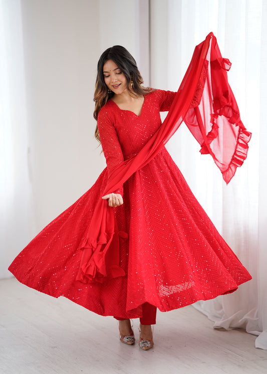 Red Sequin Georgette Anarkali Suit with Dupatta