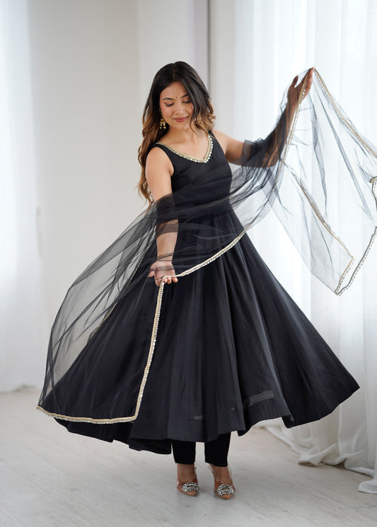 Designer Black Anarkali Kurta Set with Gold Lace Border Dupatta