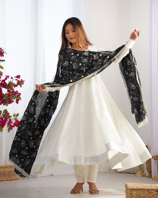 White Anarkali Suit with Black Embroidered Dupatta