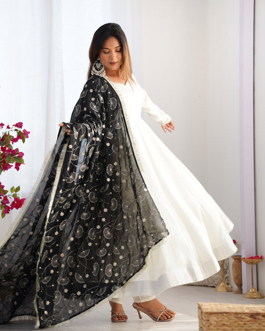 White Anarkali Suit with Black Embroidered Dupatta