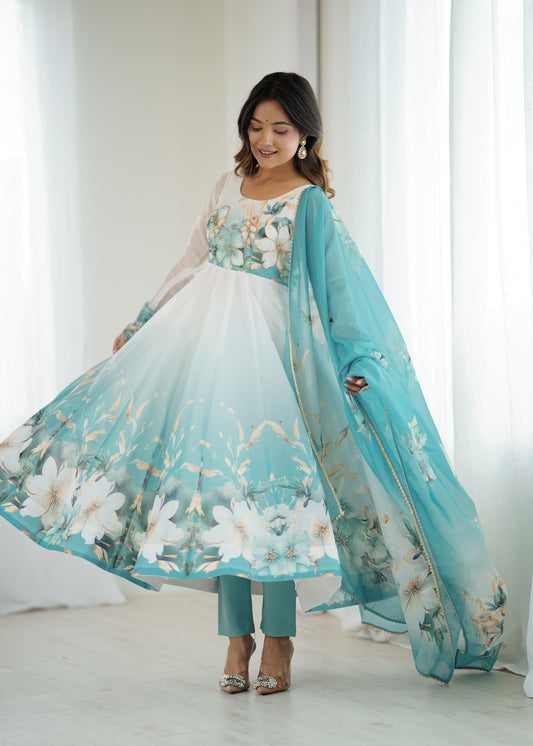 Aqua Blue Pure Soft Organza Silk Anarkali Suit Set