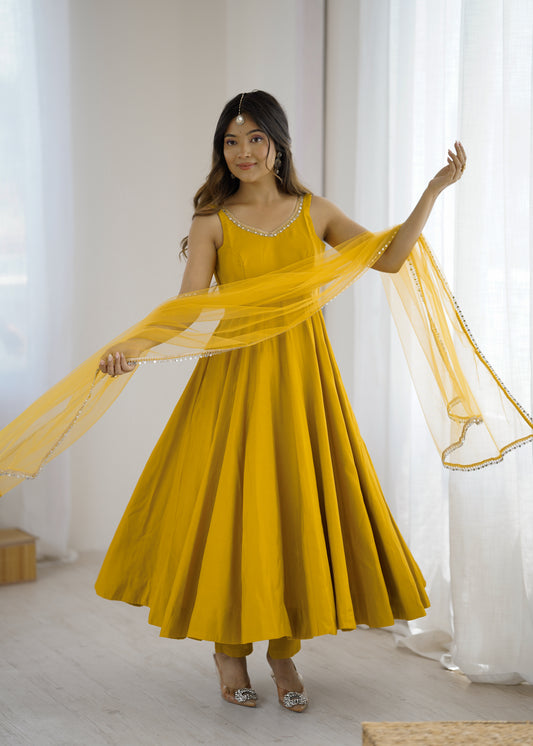 Designer Yellow Anarkali Kurta Set with Gold Lace Border Dupatta