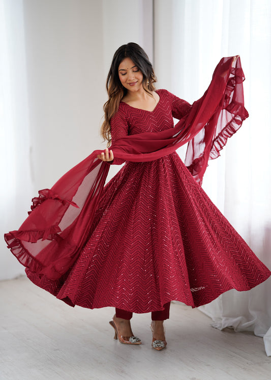 Maroon Sequin Georgette Anarkali Suit with Dupatta