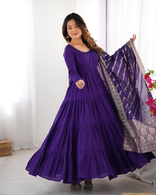 Purple Color Pure Roman Silk Ruffle Style Anarkali Suit Set
