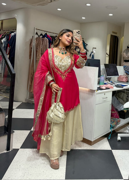 New Designer Party Wear Red Color Mirror Work Plazzo Suit Set
