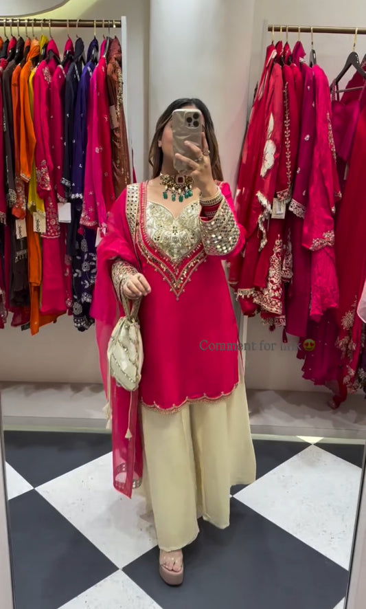 New Designer Party Wear Red Color Mirror Work Plazzo Suit Set