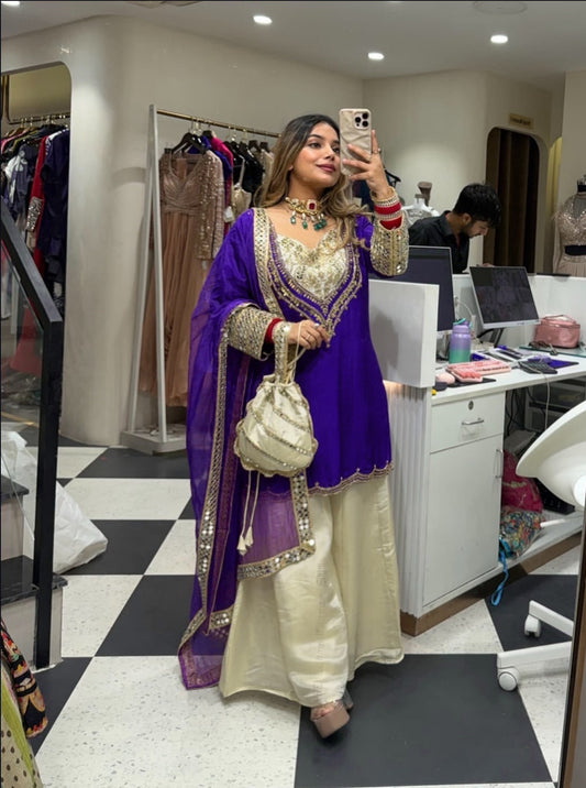 New Designer Party Wear Purple Color Mirror Work Plazzo Suit Set