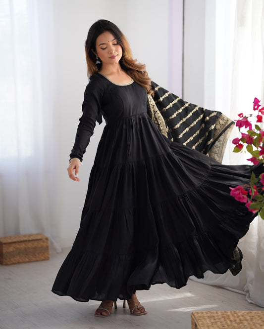 Black Color Pure Roman Silk Ruffle Style Anarkali Suit Set
