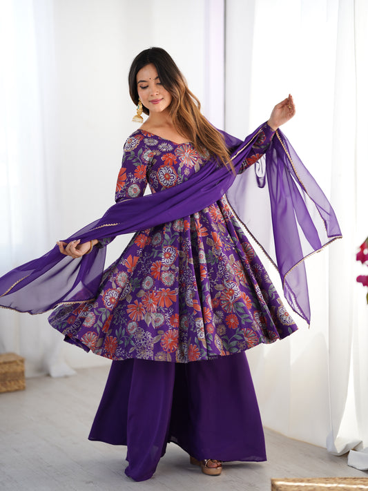 Purple Pure Soft Romansilk Chanderi Printed Plazzo Suit Set