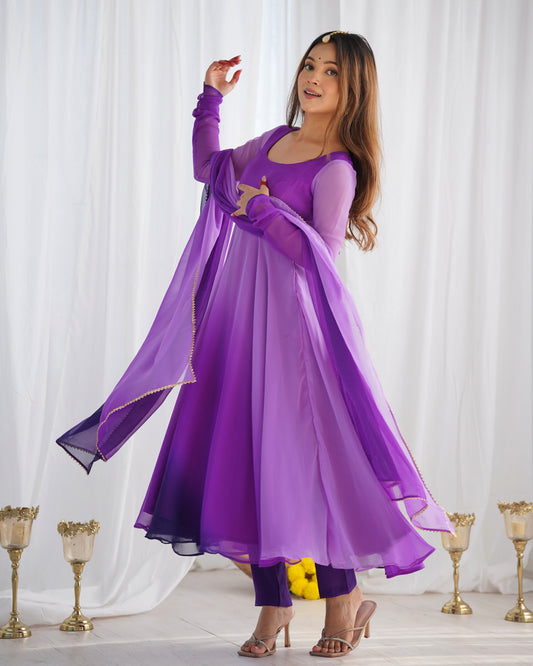 Purple Georgette Anarkali Kurti Set with Ombre Dupatta