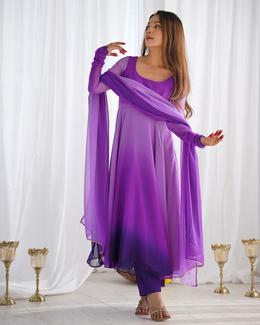 Purple Georgette Anarkali Kurti Set with Ombre Dupatta
