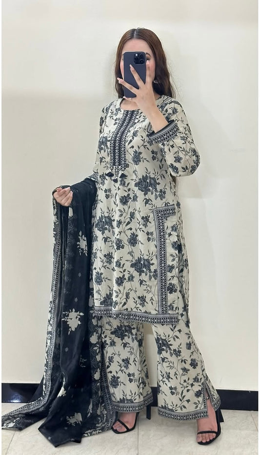 Designer Party Wear Black And White Natural Crepe Coord Set