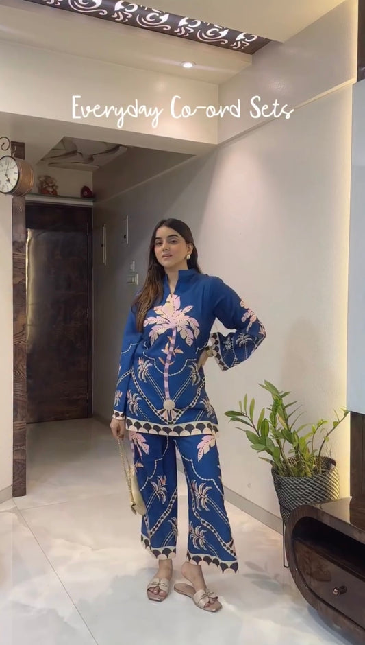 Office Wear Dark Blue Cotton Fabric Co-Ord Sets