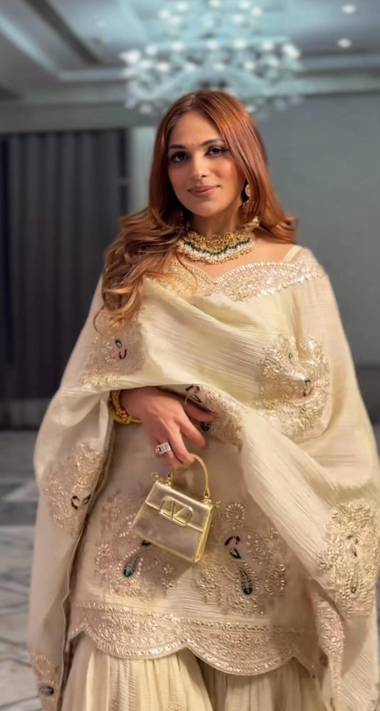 Elegant Ivory Sharara Suit with Heavy Hand Embroidery and Dupatta For Wedding & Partywear