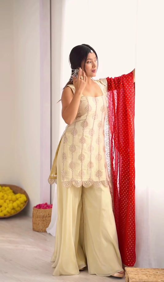 Trending Party Wear Off White Color Sharara Suit