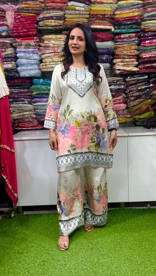 Designer Party Wear Beautiful Pure Italian Chinon Silk Top & Plazzo Co-ords Set