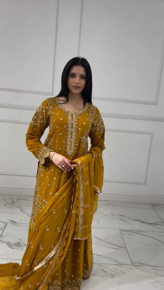 Party Wear Mustard Yellow Embroidery Sequence Worked Top-Plazzo And Dupatta Set