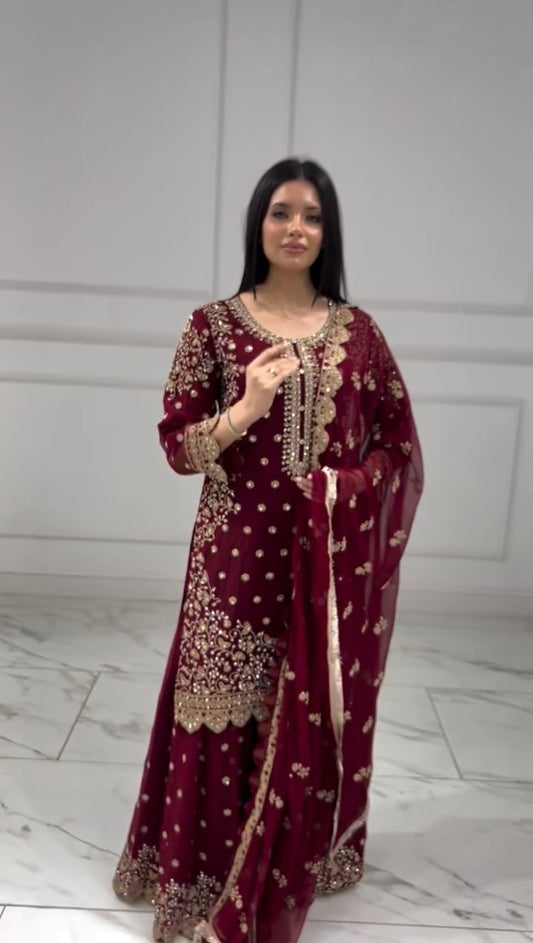 Party Wear Dark Red Embroidery Sequence Worked Top-Plazzo And Dupatta Set