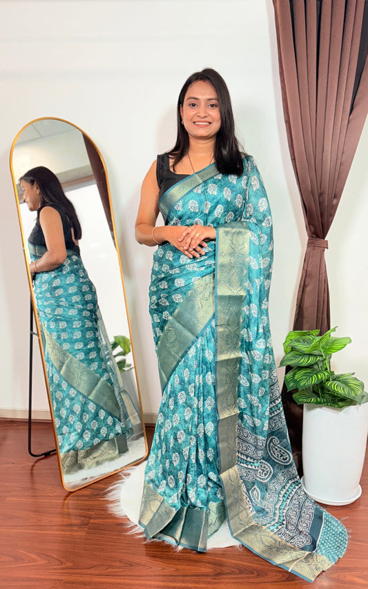 Teal Blue Color Heavy Quality Dola Silk Designer Saree