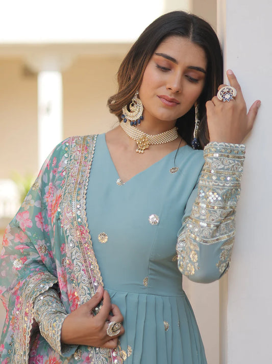 Georgette Embroidered Sky Blue Kurta Set