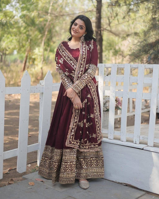 Royal Maroon Velvet Anarkali Suit with Heavy Golden Embroidery For Wedding