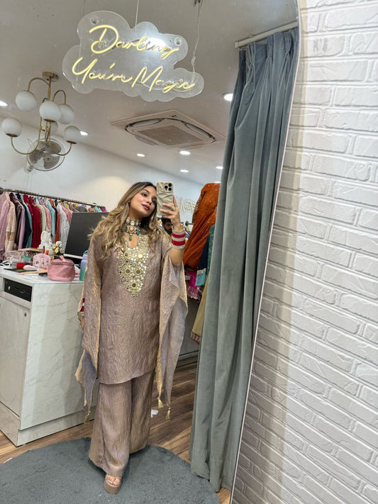 Designer Wear Golden ColorExclusive Suit In Embroidered With Real Mirror Worked Top With Plazzo Pair